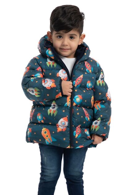 Boy's Fleece Hooded Rocket Patterned Winter Puffer Jacket & Coat & Parka