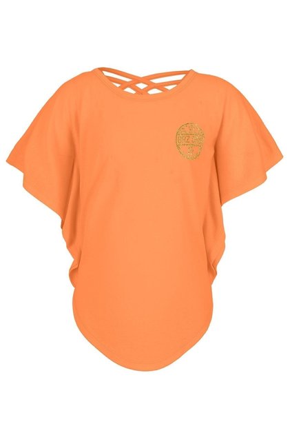 Glitter Printed Neon Orange Girls' Bat Sleeve T-shirt.
