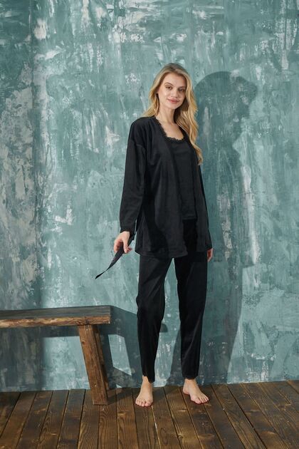 Women's French Velvet Black 3-Piece Pajama Set with Dressing Gown Dowry Set