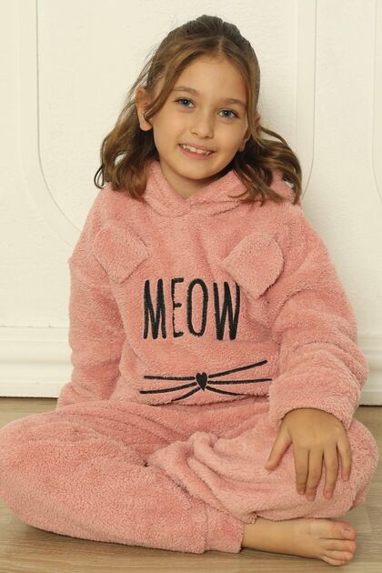 Pijamaevi Girl Pink Meow Patterned Full Plush Pajama Set- Trendyol