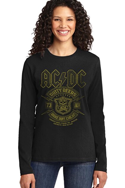 Karlı Acdc Black Long Sleeve Relax Fit Women's T-Shirt
