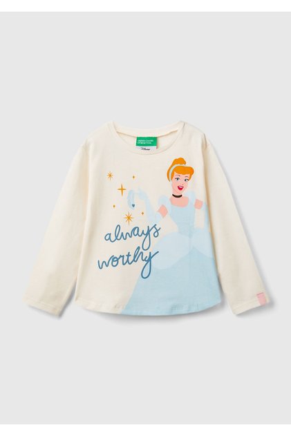 Girl's Ecru Front Princess Printed Round Long Sleeve T-Shirt