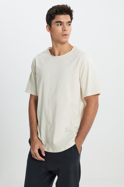 Regular Fit Regular Cut Crew Neck 100% Cotton Beige T-Shirt