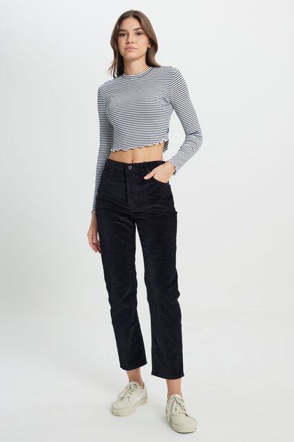 Carol Cropped Straight Fit Yüksek Bel Kadın Siyah Pamuklu Esnek Kadife Pantolon