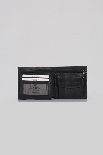 Flat Genuine Leather Men's Wallet with Zipper Detail, Black