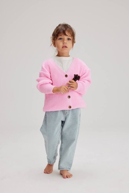 Girl's pink knitted cardigan & mom fit jean/trousers top and bottom set - 2 piece