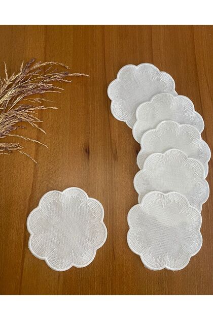 Linen Linen Ecru Color Stylish Zigzag Embroidery Embroidered 6 Pieces Cocktail Presentation Napkins