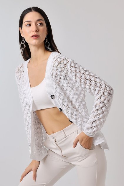 Women's White Openwork Buttoned Seasonal Knitwear Cardigan