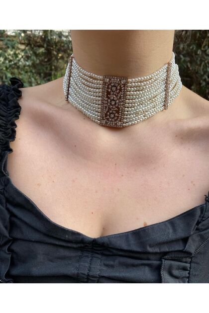 Pearl Daisy Diamond Mounted Zircon Stone Antique Bronze Chocker Necklace