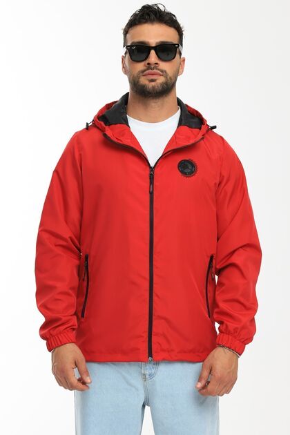 Men's Lined Wind Resistant Hooded Red Raincoat - Windbreaker
