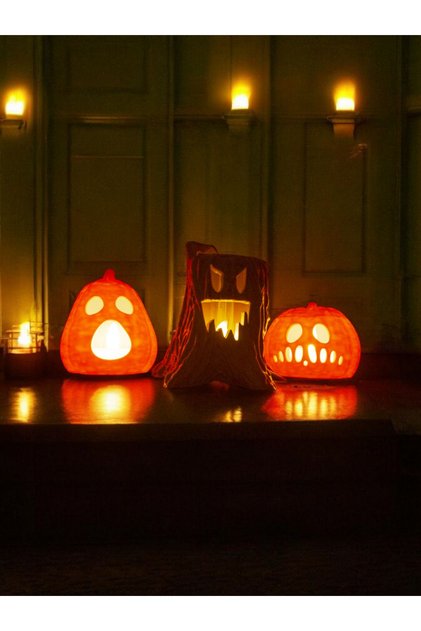 Cadılar Bayramı 3'lü Set - 2 Bal Kabağı ve 1 Ağaç, Halloween Dekor, Tealight Mumluk