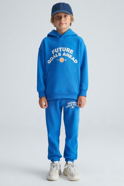 Dillion Boy's 3-Thread Raised Front Printed Hooded Elastic Leg Blue Tracksuit Set