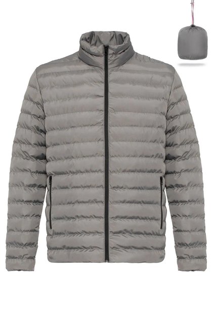 Men's Portable Bag Windproof Stand Collar Fiber Filled Lightweight Puffer Gray Coat