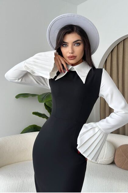 WOMAN VISION Black Midi Pencil Dress with Pleated Sleeves and Slits - Shirt  Collar 278- Trendyol