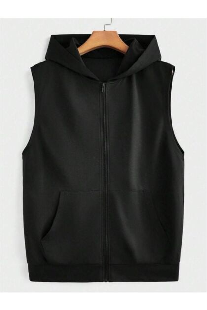Unisex Zippered Hooded Kangaroo Pocket Oversize Sleeveless Vest