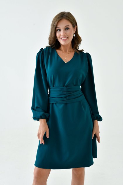 Women's evening dress - v-neck, belted, button-detailed, puff sleeve, loose fit 1003