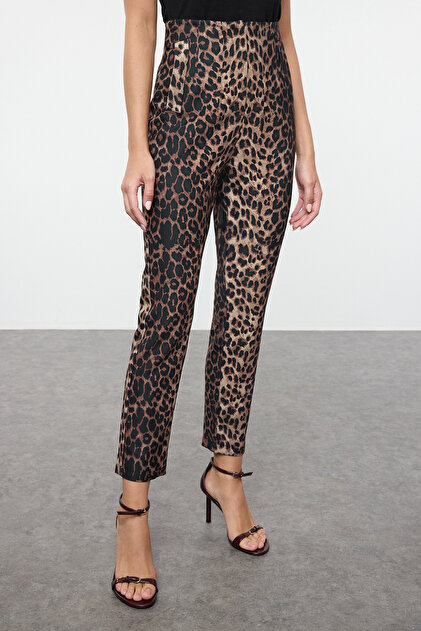 leopard print cigarette trousers Trendyol Collection Multi-Colored Leopard Print Cigarette Pants with High  Waist and Ankle Length