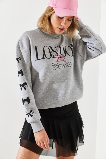 Women's Gray Melange Three Thread Shaded London Life Graphic Printed Sweatshirt Mbhs004 60601004