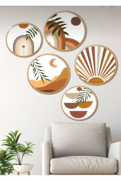 Dekoratif Oval 5 parça çerçeve görünümlü Bohem tablo seti