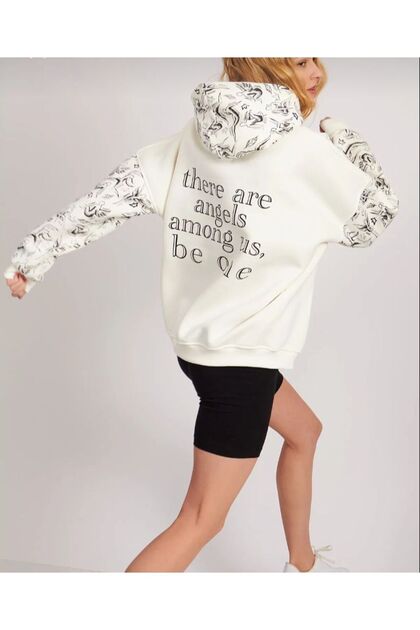 Women's Angels Printed Hoodie with Pattern Detail on Sleeves Oversize Sweatshirt Hoodie