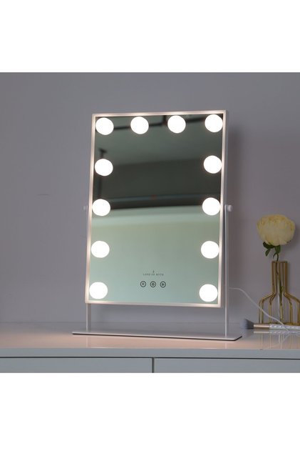 LOM2085 Hollywood Style 3 Renk Led Işıklı Makyaj Aynası Dokunmatik 360° Döner Metal Çerçeve - Beyaz