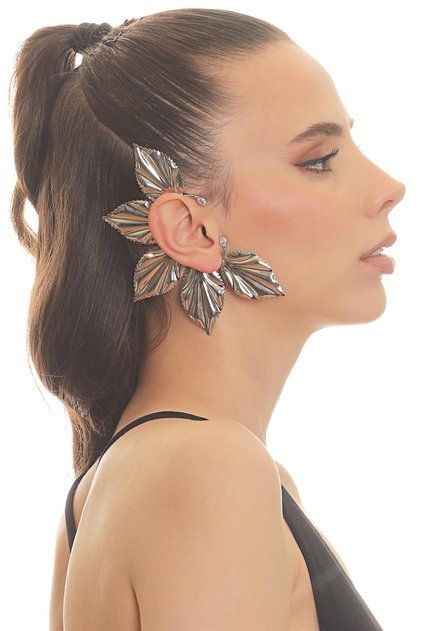 Women's Silver Color Lacquer Plated Zircon Stone Leaf Stylized Right Ear Earcuff & Cartilage Earring