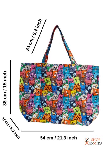 Linen Colored Cats Patterned Beach Bag - Shoulder and Shopping 54X38 cm