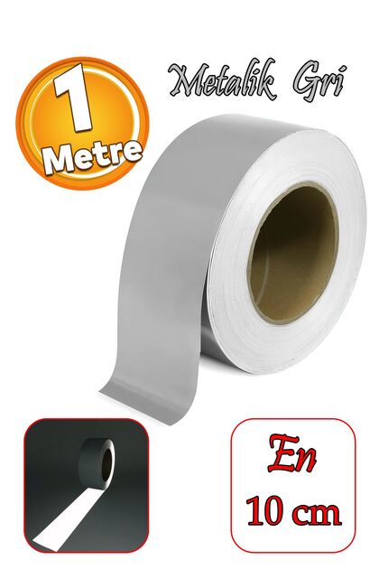 Reflektif Gece Parlayan En 10 cm 1 Mt İkaz Bandı Reflektörlü Bant Metalize Gri Renk Düz Desensiz