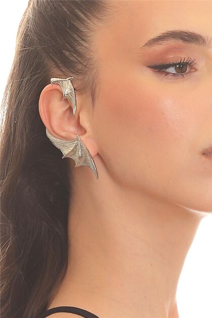 Women's Silver Color Lacquer Plated Studded Model Right Ear Bat Earcuff & Cartilage Earring