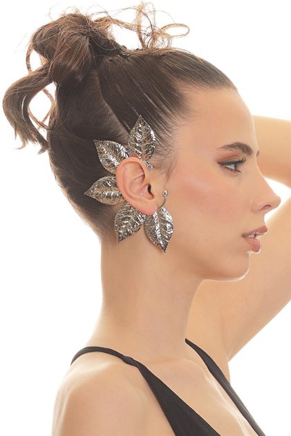 Women's Silver Color Lacquer Plated Zircon Stone Textured Leaf Stylized Right Ear Earcuff & Cartilage Earring