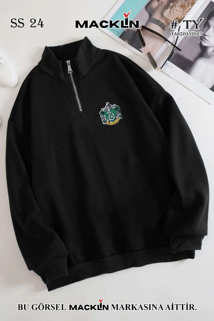 Hanorac de bază unisex, pentru femei și bărbați, cu imprimeu Harry Potter Slytherin, cu jumătate de fermoar și guler înalt