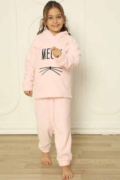 Pijamaevi Toz Pembe Meow Desenli Tam Peluş Kız Çocuk Pijama Takımı