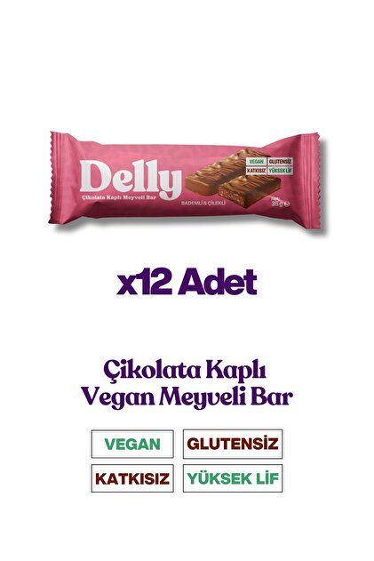 Delly 12 Adet Çikolata Kaplı - Bademli & Çilekli Meyveli Bar 35g