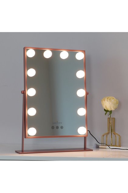 LOM2087 Hollywood Style 3 Renk Led Işıklı Makyaj Aynası Dokunmatik 360° Döner Metal Çerçeve - R.Gold