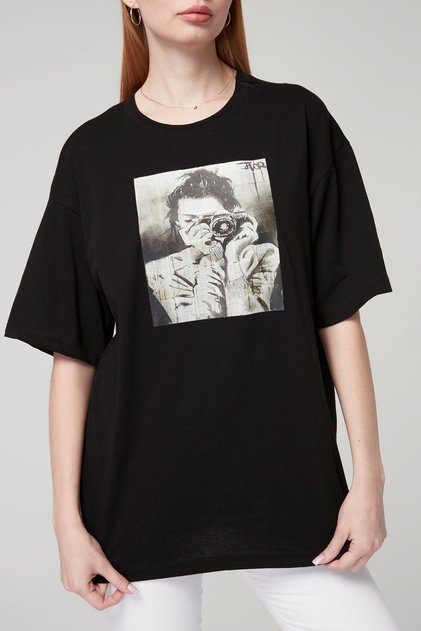 Plus Size Girls' Printed Oversize Comfortable Fit Tshirt-Black