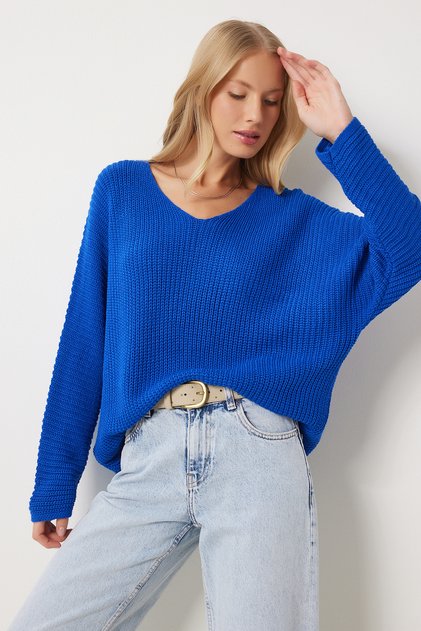 Women's Blue V-Neck Brioche Knit Oversized Knit Sweater ZA00059