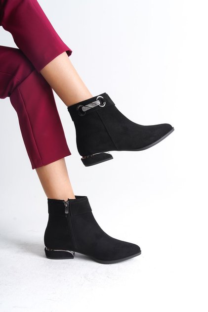 Women's Black Suede Buckle Detailed Galvanized Heel Pointed Low Boots