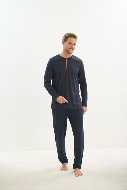 Men's Long Sleeve Navy Blue Pajama Set C6T2N5O9