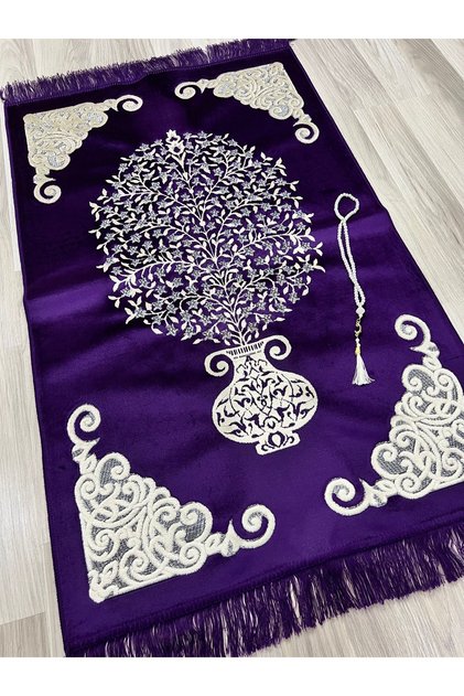 Velvet Glitter Woven Dowry Gift Prayer Rug Set with Prayer Beads