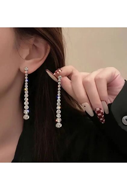 Silver Color Long Stylish Party Engagement Henna Wedding Wedding Evening Dress Earrings with Stones