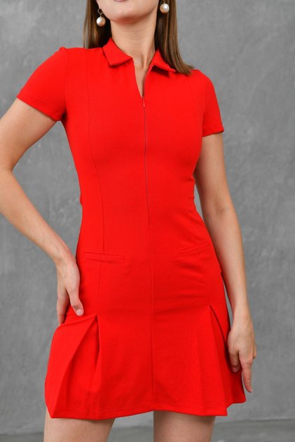 Women's Red Stretchy Fabric Shirt Collar Zipper Design Short Sleeve Mini Dress with Hidden Pocket 049