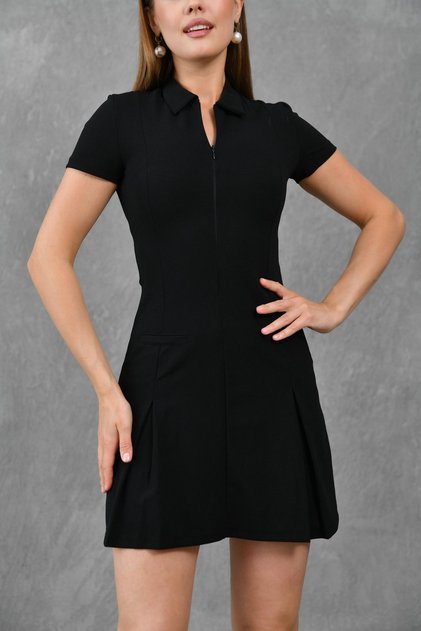 Women's Black Stretchy Fabric Shirt Collar Zipper Design Hidden Pocket Short Sleeve Mini Dress 049