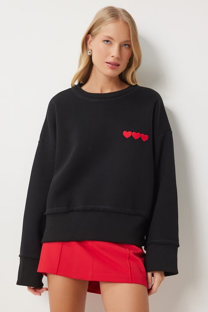 Women's Black Heart Embroidered Raised Sweatshirt Dp00216