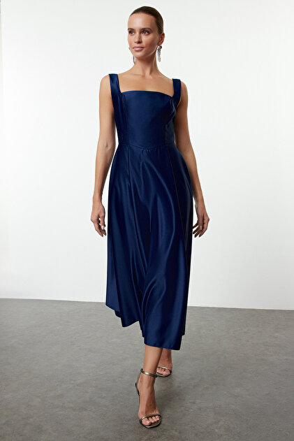 Trendyol Collection Navy Blue A-Line Satin Woven Stylish Evening Dress  Night Graduation Dress Tpraw25El00040- Trendyol