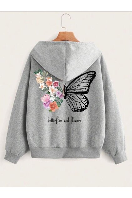 Butterflies And Flowers Pamuklu Çocuk Fermuarlı Hırka - Gri Baskılı Kız Erkek Çocuk Kışlık Kapüşonlu