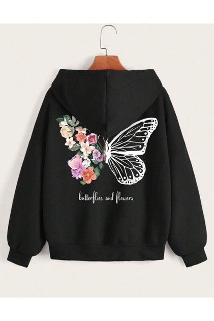 Butterflies Flowers Pamuklu Çocuk Fermuarlı Hırka - Siyah Baskılı Kız Erkek Çocuk Kışlık Kapüşonlu