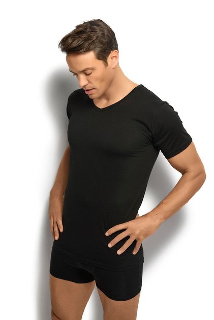 Men's Black Cotton Short Sleeve V Neck Undershirt 3 Pack-112