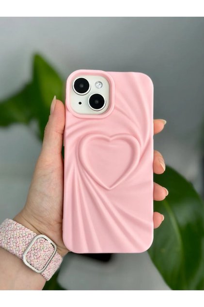 Apple iPhone 14Plus - 15Plus Compatible 3D Matte Satin Heart Embossed Pattern Anti-Shock Silicone Case