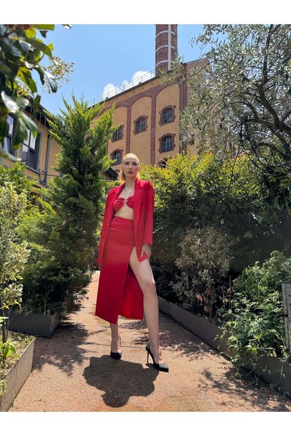 Özel Tasarım Couture El Işçiliği Kırmızı Kadın Blazer Ceket