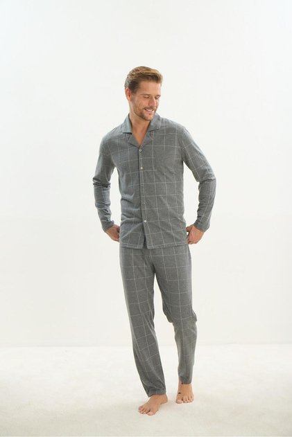Men's Long Sleeve Shirt Collar Front Buttoned Gray Pajama Set C3T2N5O9